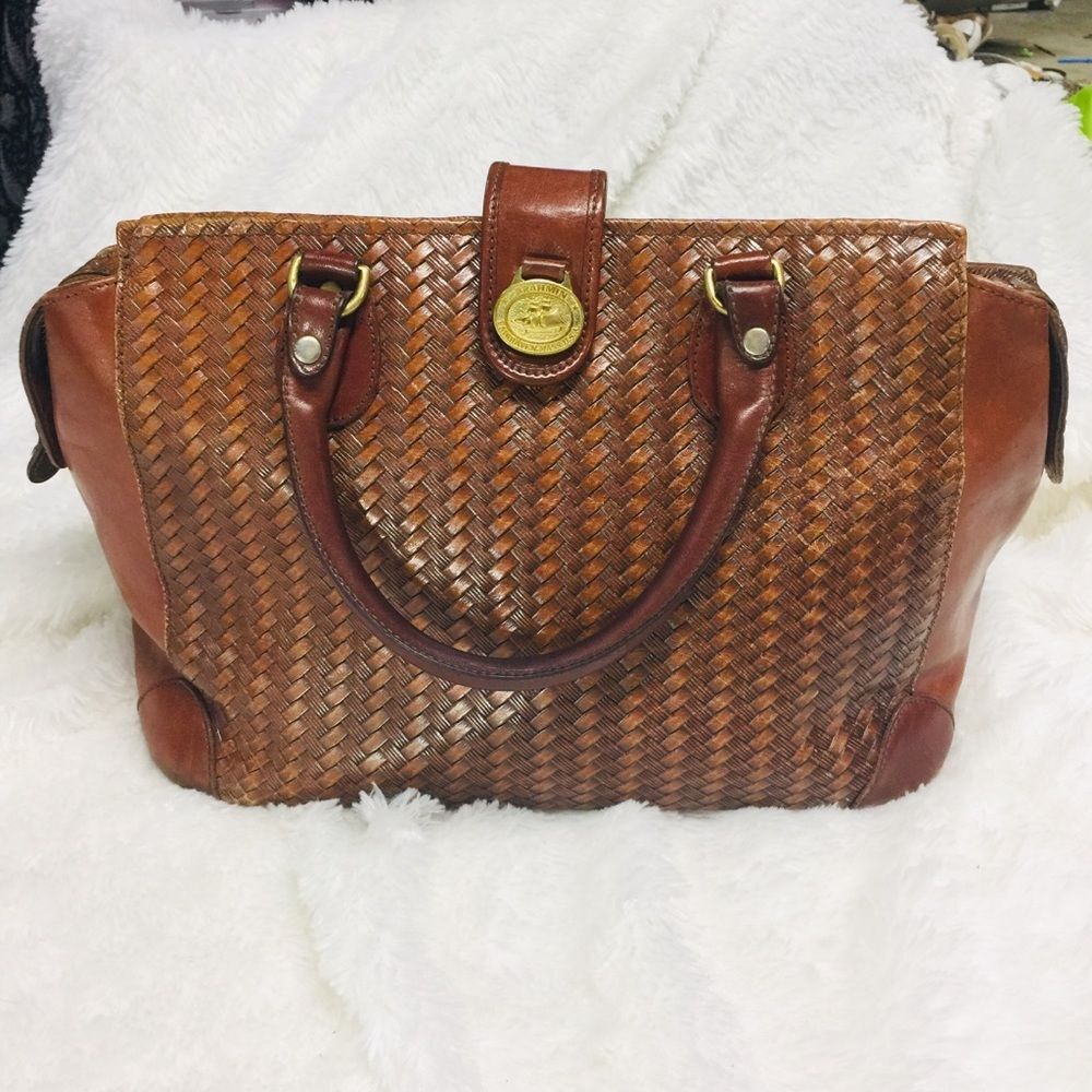 Brahmin Woven Basket Pattern Brown Gold Leather Purse